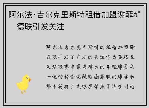 阿尔法·吉尔克里斯特租借加盟谢菲尔德联引发关注